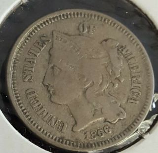1866 3c Three Cent Nickel Piece Vintage Pre Civil War Us Copper/nickel
