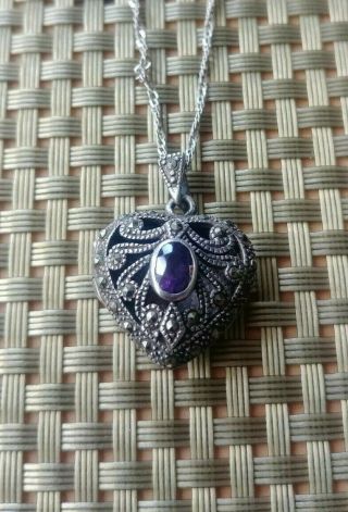 Vintage Sterling Silver Amethyst & Marcasite Heart Locket With Silver Chain