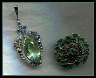 Vintage Utterly Gorgeous Marcasite Green Stone Pendant& Green Stone Clip