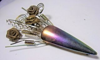 Vintage Mixed Metals Silver - Gold Purple Hue Flower Vase Pin/brooch Mesh Roses