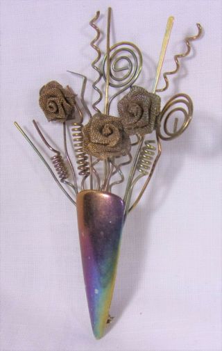 Vintage Mixed Metals Silver - Gold Purple Hue Flower Vase Pin/Brooch Mesh Roses 2