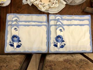 Vintage Set Of 6 Blue And White Appliqued & Embroidered Placemats & Napkins