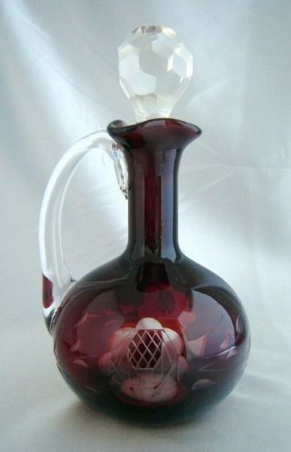 Vintage Bohemian Czech Ruby Red Floral Cut - To - Clear Glass Decanter W/ Stopper