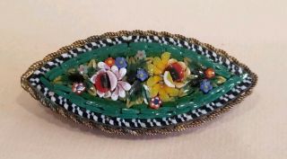 Vintage Micro Mosaic Flower Floral Long Oval Italy Gold Tone Pin/brooch