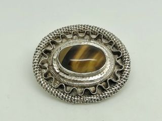 Gorgeous Vintage Sterling Silver Tigers Eye Intricate Tribal Design Heavy Brooch