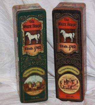 Two Vintage White Horse Cellar Scotland Hinged Metal Whiskey Container Tin - Empty