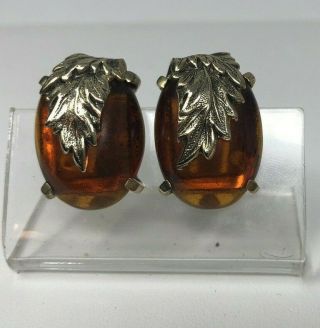 Vtg Whiting And Davis Clip Earrings Amber Glass Cabochon Gold Tone Leaf Setting