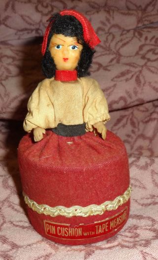 Vintage Doll Pin Cushion W 36 " Retractable Cloth Tape Measure Made In Japan Dr9