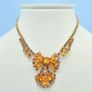 Vintage Necklace 1950s Amber Pear Cut Crystal Silvertone Bridal Jewellery
