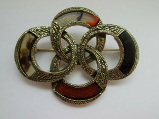 Vintage Signed Miracle Scottish Celtic Gold Agate Glass Brooch Kilt Pin