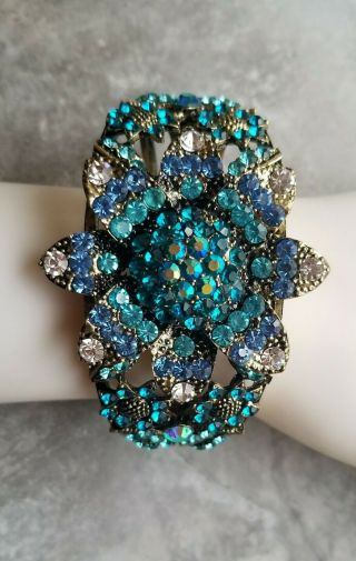 Ornate Rhinestone Lrg Flower Hinged Bangle Bracelet Vtg Reprod.  Blues Ab Floral