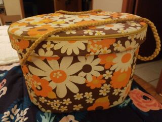Retro Vintage Storage Box Fabric Covered Flowers Daisy Orange Case Lid Rope.
