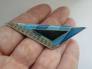 Vintage Pierre Bex Silver Geometric Blue Jet Enamel Art Deco Style Brooch Pin