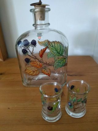 Vintage Holme Gaard Denmark Glass Bottle Schnapps Flask Decanter,  Shot Glasses