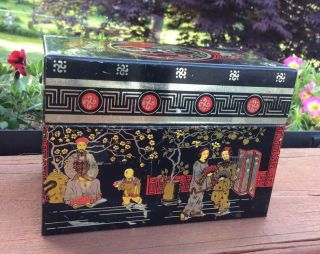 Unusual Vintage Metal Recipe Box Filled With Handwritten Recipes Oriental Theme