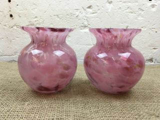 Pair Vintage Mdina Maltese Pink Mottled Art Glass Vases - Signed