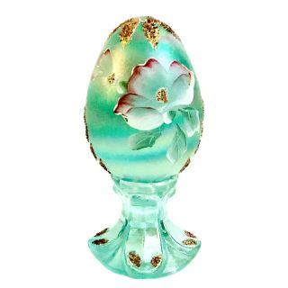 Vintage Fenton Hand Painted Egg By D.  Robinson - Green Floral Theme - 383/3000