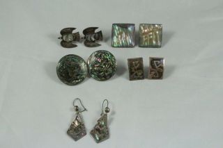 Five Pairs Vintage Mexico Mexican Sterling Silver And Abalone Earrings