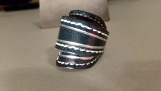 Vtg Italy " M ",  " Fp ",  Hand Sewn Leather Hand Painted Silver Black Ring Size 7