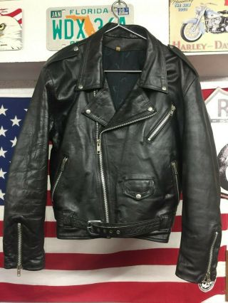 Mens Vintage / Retro Black Leather Brando Motorcycle Jacket Size L Harley Biker