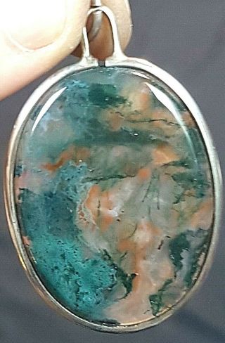 Gorgeous Vintage Sterling Silver Mounted Moss Agate Pendant London 1978