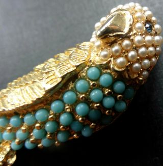 Vintage Parrot Bird Turquoise Glass Rhinestone Faux Pearl Gold Tone Brooch - N89