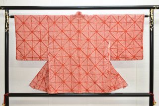 Vintage Silk Kimono Jacket:fully Shibori Red Brown Triangle Geometric@yk15