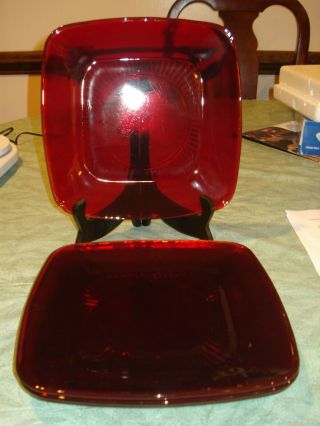 4 Vintage Anchor Hocking Royal Ruby Red Glass Square Plates 8 3/8 " Charm