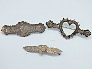 Three Vintage Victorian Sterling Silver Heart Love Token Sweetheart Brooches