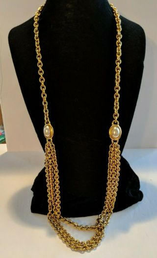 Vintage Agatha Paris Signed Necklace Chain Gold Tone Big Cabochon