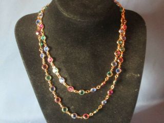 Vintage Swarovski Gold - Tone Metal Pink Blue Green Rhinestone Chain Necklace