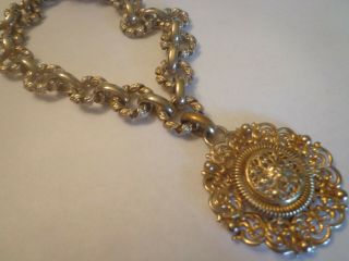 Vtg Victorian Revival Bergere Signed Book Chain Gold Tone Faux Coin Necklace