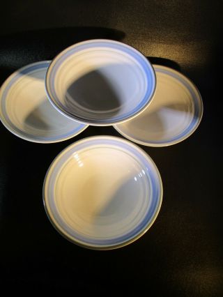 Fascino By Yamaka Stoneware 4 Vintage White Soup / Cereal Bowls Blue Bands Japan