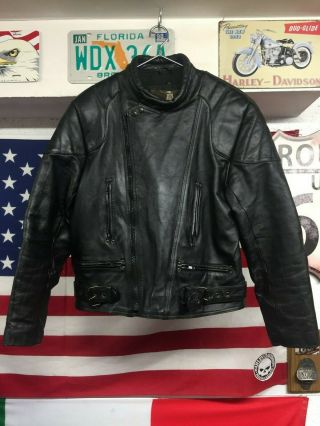 Mens Vintage Ashy Black Leather Motorcycle Jacket Size 46 Eu 56 Harley Cruiser