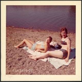 Pretty Young Women In Bikini Swimsuits At The Beach Vintage Snapshot Photo
