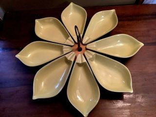 Vintage Mid Century Yellow Green Pottery Lazy Susan 8 Dish Flower Design