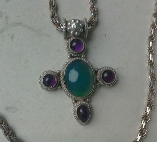 Vintage Sterling Silver And Amethyst And Green Stone Set Cross