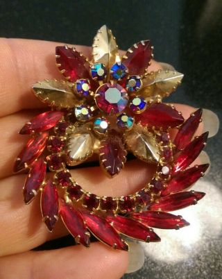 Vintage Large Unsigned Ruby/gold/ab Glass Stone Brooch/pin