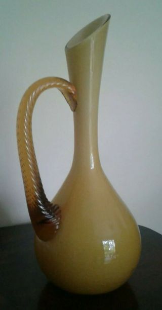 VINTAGE RETRO MURANO ART GLASS VASE 1960 ' S 1970 ' S CREAM BROWN FANCY SHAPE JUG 8