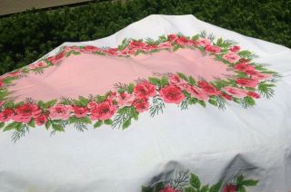 Vintage Tablecloth Pink Red Roses Shabby Cotton Retro Rectangle 52 X 64