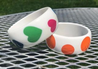 Vintage 60 ' s 80’s Chunky Polka Dot Plastic Lucite Bangle Bracelet Hearts COOL 5