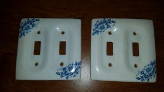 Ceramic Double Toggle Light Switch Plate Blue Flowers Set Of Two - Vintage