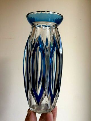 Moser Baccaret Loetz Cobalt Blue Cut Crystal Glass Vase Mid Century Vintage