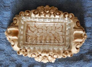 Vintage Syroco Wood Ashtray Ivory White Floral With Glass Insert