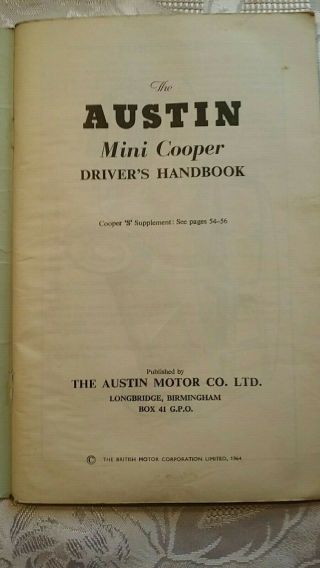 AUSTIN Mini Cooper DRIVER ' S HANDBOOK VINTAGE ABMC Publication AKD 3