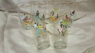 Vintage Mid Century C1950s Set Of 6 Glasses Different Dancing / Scenes Retro