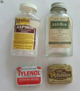 4 Vtg Aster & Other Aspirin & Tylenol Glass & Plastic Bottles / Jars & Mini Tins