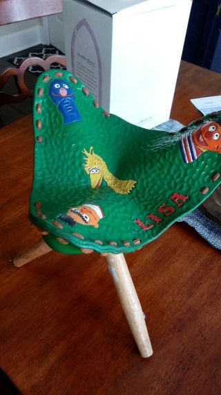 Vintage Leather Wood Sesame Street Green Fold Up Camp Style Stool