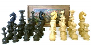 Vintage Boxed Wooden Staunton Chess Set King 8.  6 Cms