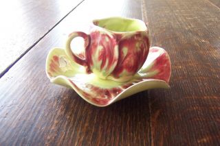 Vintage Kipp Ceramics Demitasse Cup And Saucer Set Flower Bud Maroon And Green